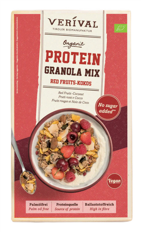 GRANOLA PROTEINOWA Z OWOCAMI CZERWONYMI I KAKOSEM BEZ DODATKU CUKRU 300G VERIVAL